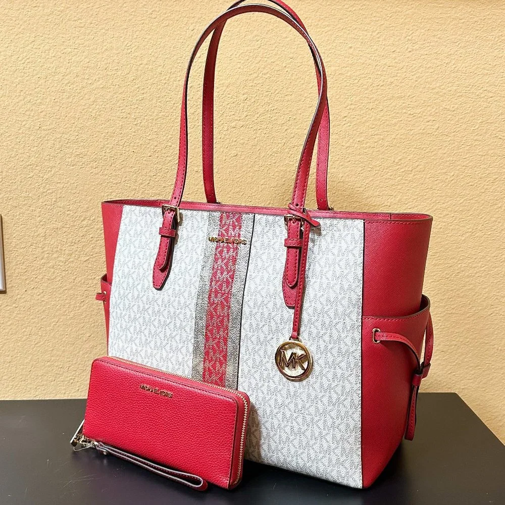 Michael Kors Gilly Drawstring Travel LG Tote Shoulder Bag + Wallet Set MK Chili